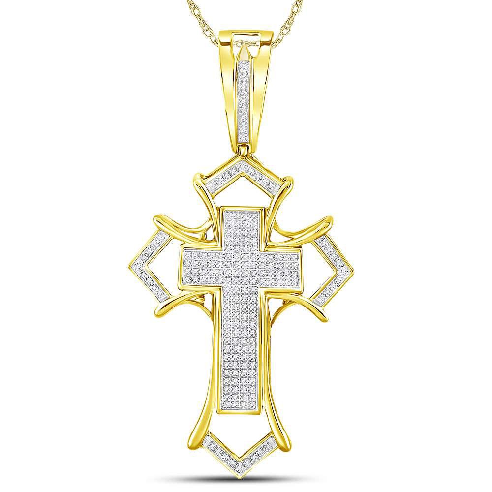 10kt Yellow Gold Mens Round Diamond Gothic Cross Charm Pendant 1/2 Cttw