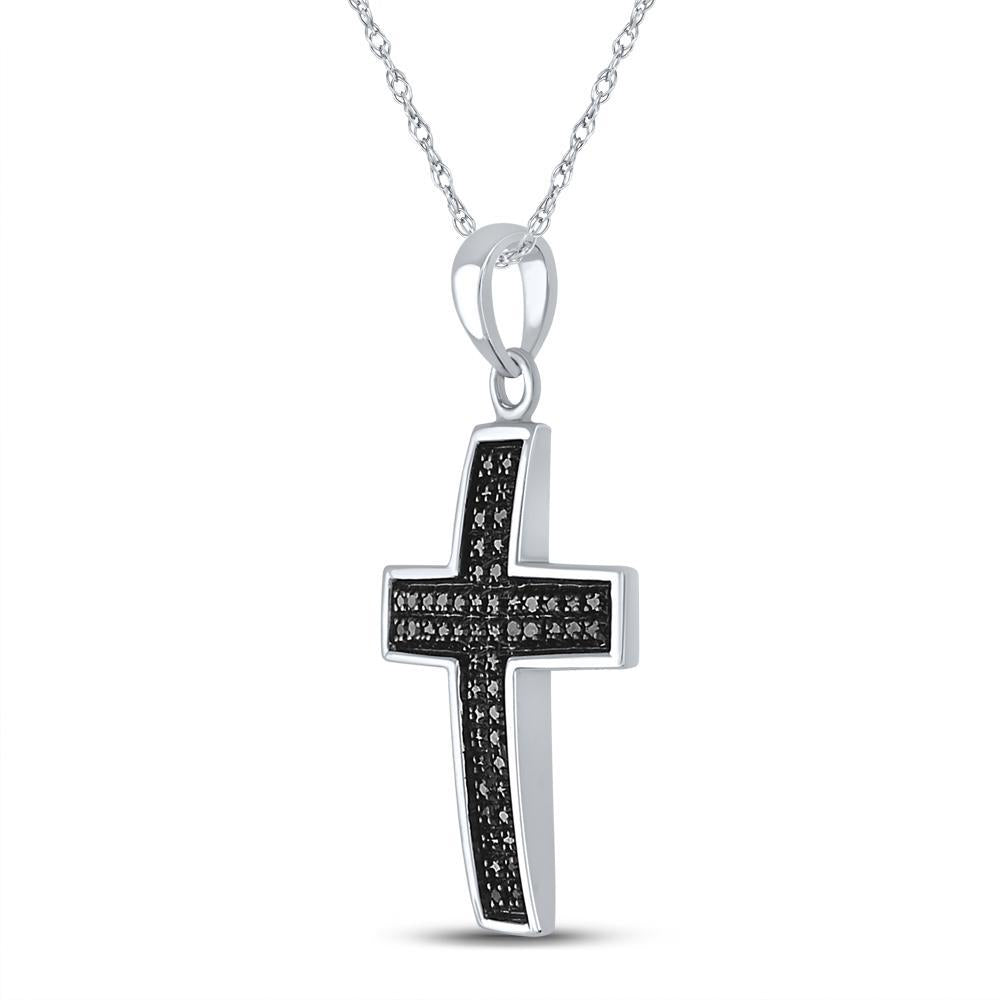 Sterling Silver Mens Round Black Color Enhanced Diamond Cross Charm Pendant 1/6 Cttw