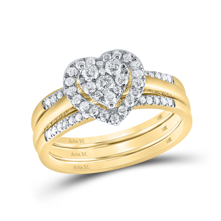 14kt Yellow Gold Diamond Heart Bridal Wedding Ring Band Set 1/2 Cttw
