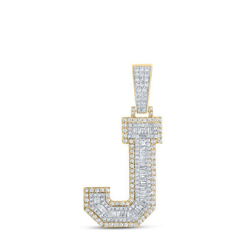 14kt Two-tone Gold Mens Baguette Diamond J Initial Letter Charm Pendant 1-3/8 Cttw