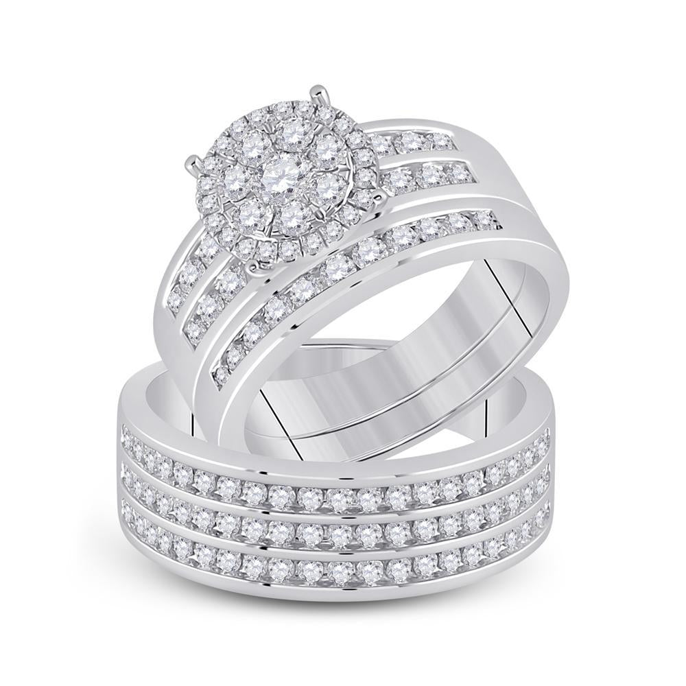 14kt White Gold His Hers Round Diamond Cluster Matching Wedding Set 1-7/8 Cttw