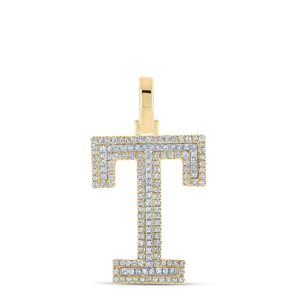 10kt Two-tone Gold Mens Round Diamond T Initial Letter Pendant 3/8 Cttw