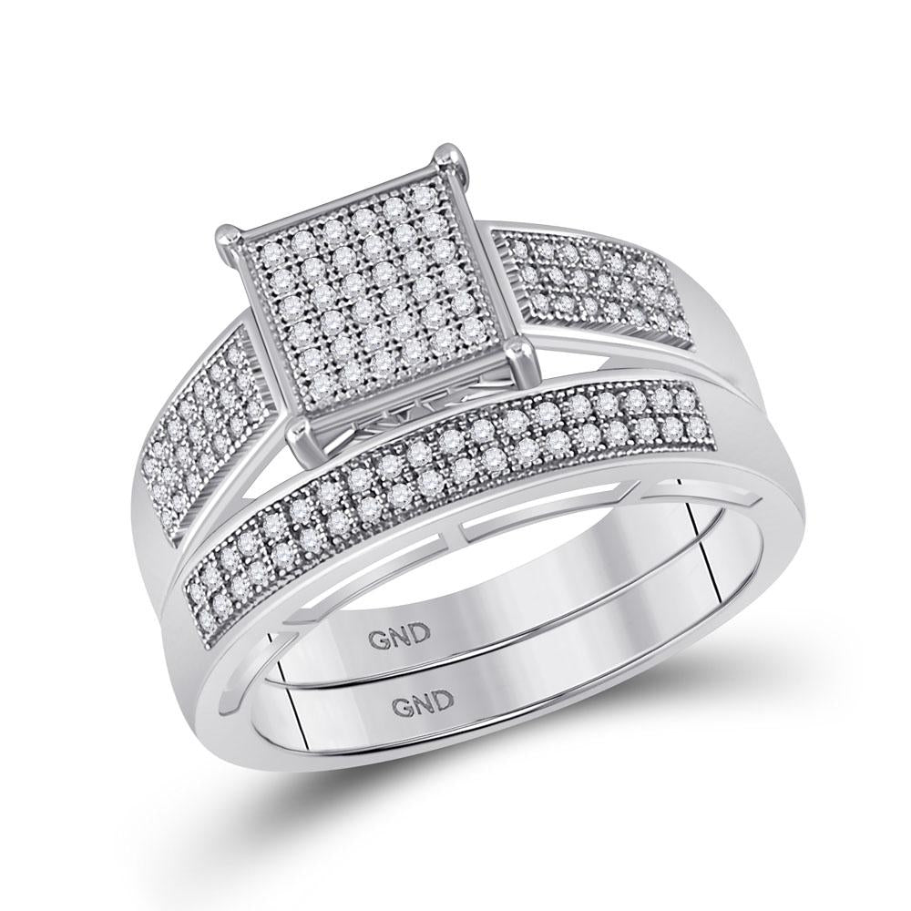 10kt White Gold His Hers Round Diamond Cluster Matching Wedding Set 5/8 Cttw