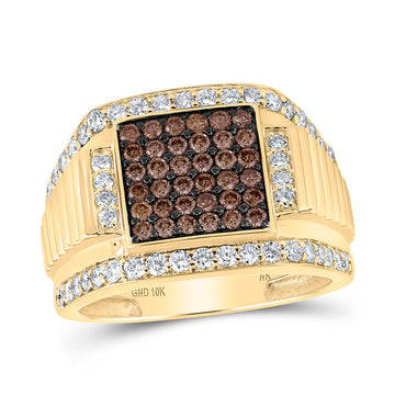 10kt Yellow Gold Mens Round Brown Diamond Square Ring 1-5/8 Cttw