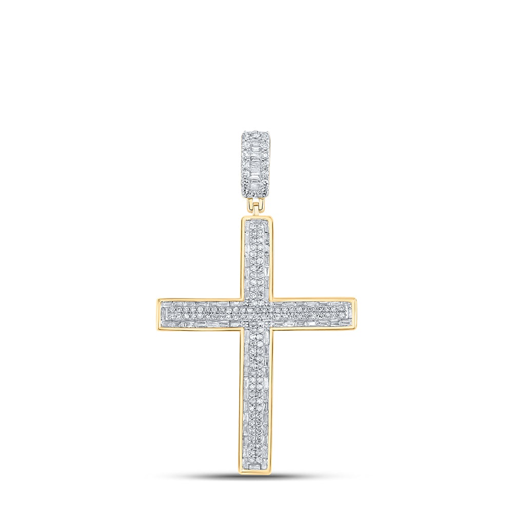 10kt Yellow Gold Mens Baguette Diamond Cross Charm Pendant 1 Cttw