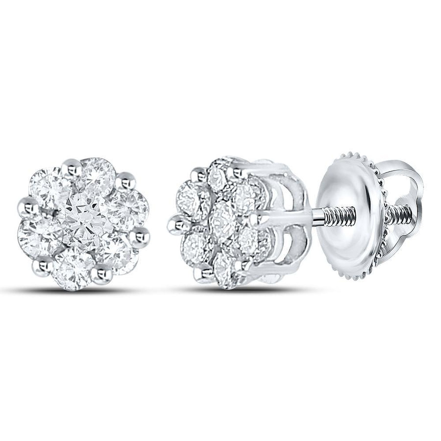 14kt White Gold Womens Round Diamond Flower Cluster Earrings 1/2 Cttw