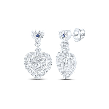 14kt White Gold Womens Round Diamond Heart Dangle Earrings 1/2 Cttw