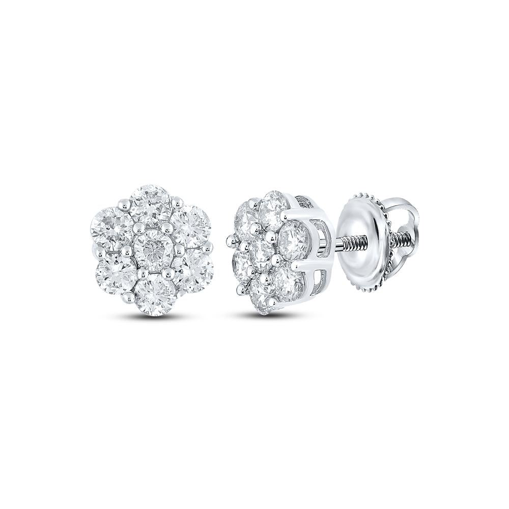 10kt White Gold Round Diamond Flower Cluster Earrings 1 Cttw