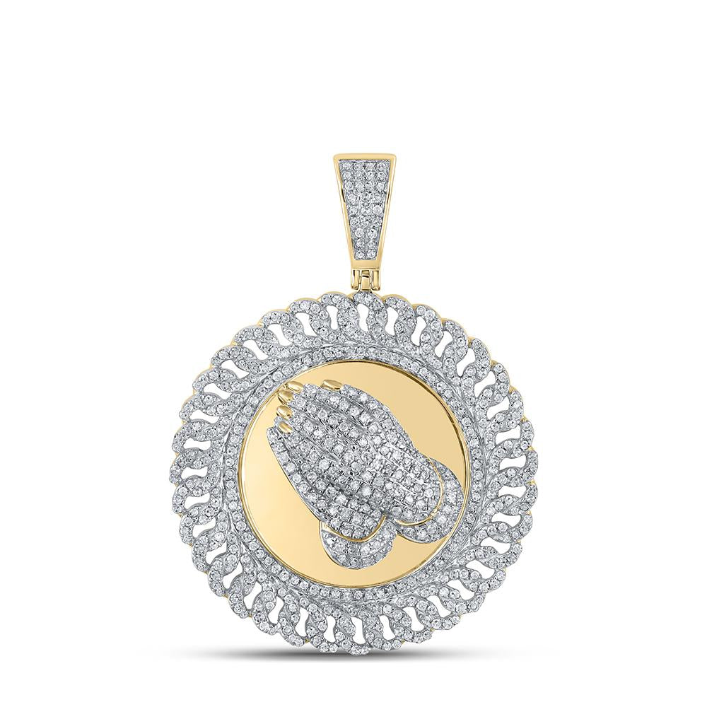 10kt Yellow Gold Mens Round Diamond Prayer Hands Circle Charm Pendant 1-1/3 Cttw