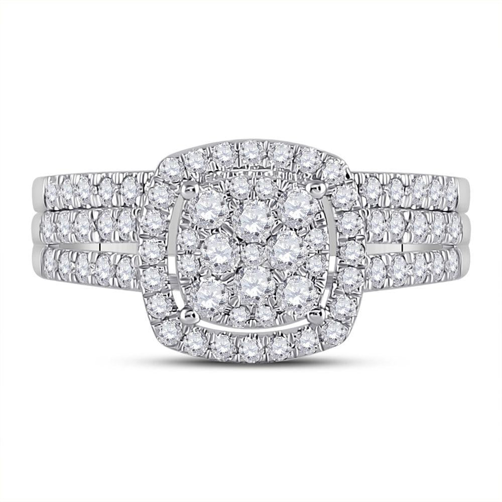 10kt White Gold Round Diamond Square Halo Bridal Wedding Ring Band Set 1 Cttw