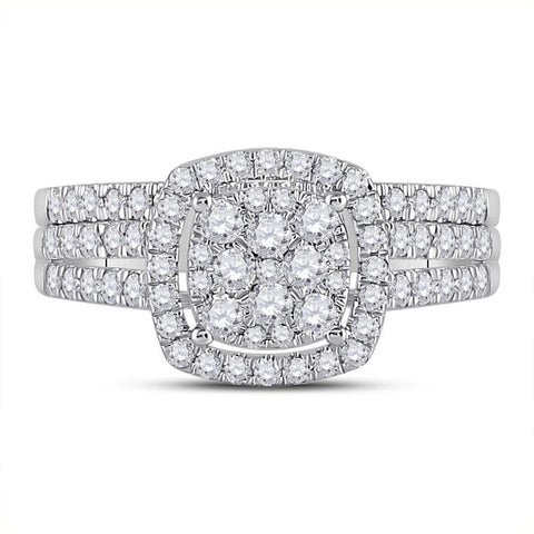 10kt White Gold Round Diamond Square Halo Bridal Wedding Ring Band Set 1 Cttw