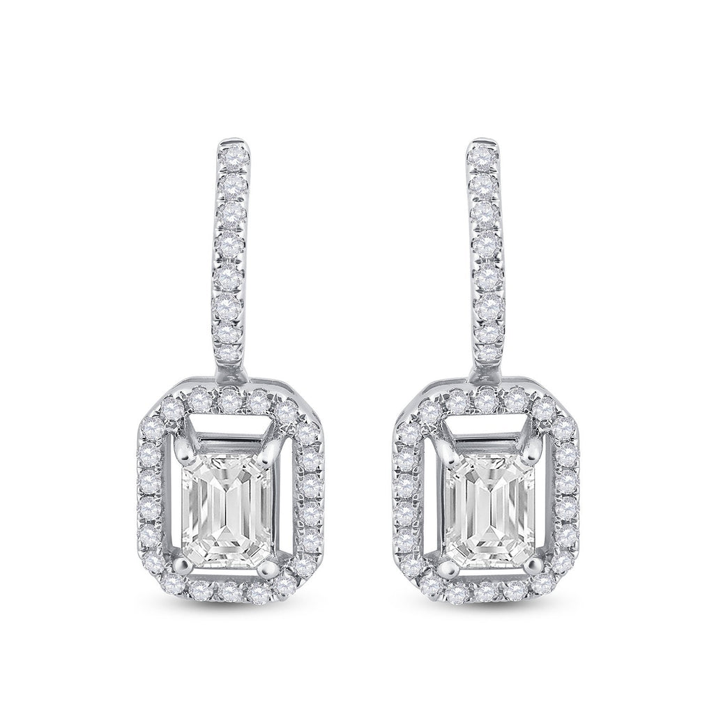 14kt White Gold Womens Emerald Diamond Dangle Earrings 1-1/4 Cttw