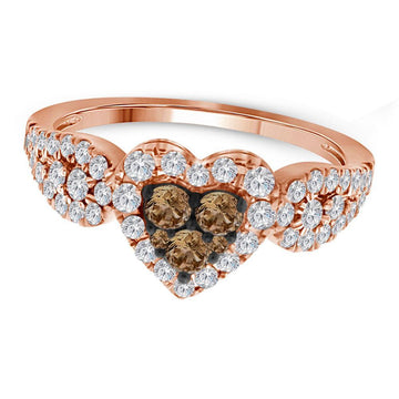 10kt Rose Gold Womens Round Brown Diamond Heart Cluster Ring 3/4 Cttw