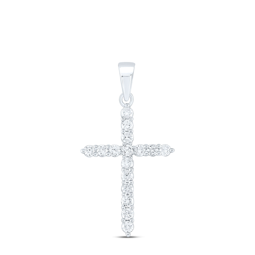 10kt White Gold Womens Round Diamond Cross Pendant 1/2 Cttw