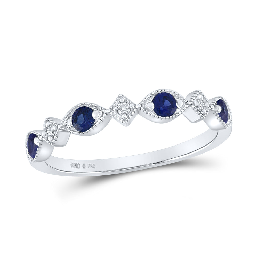 Sterling Silver Womens Round Synthetic Blue Sapphire Diamond Band Ring 1/3 Cttw