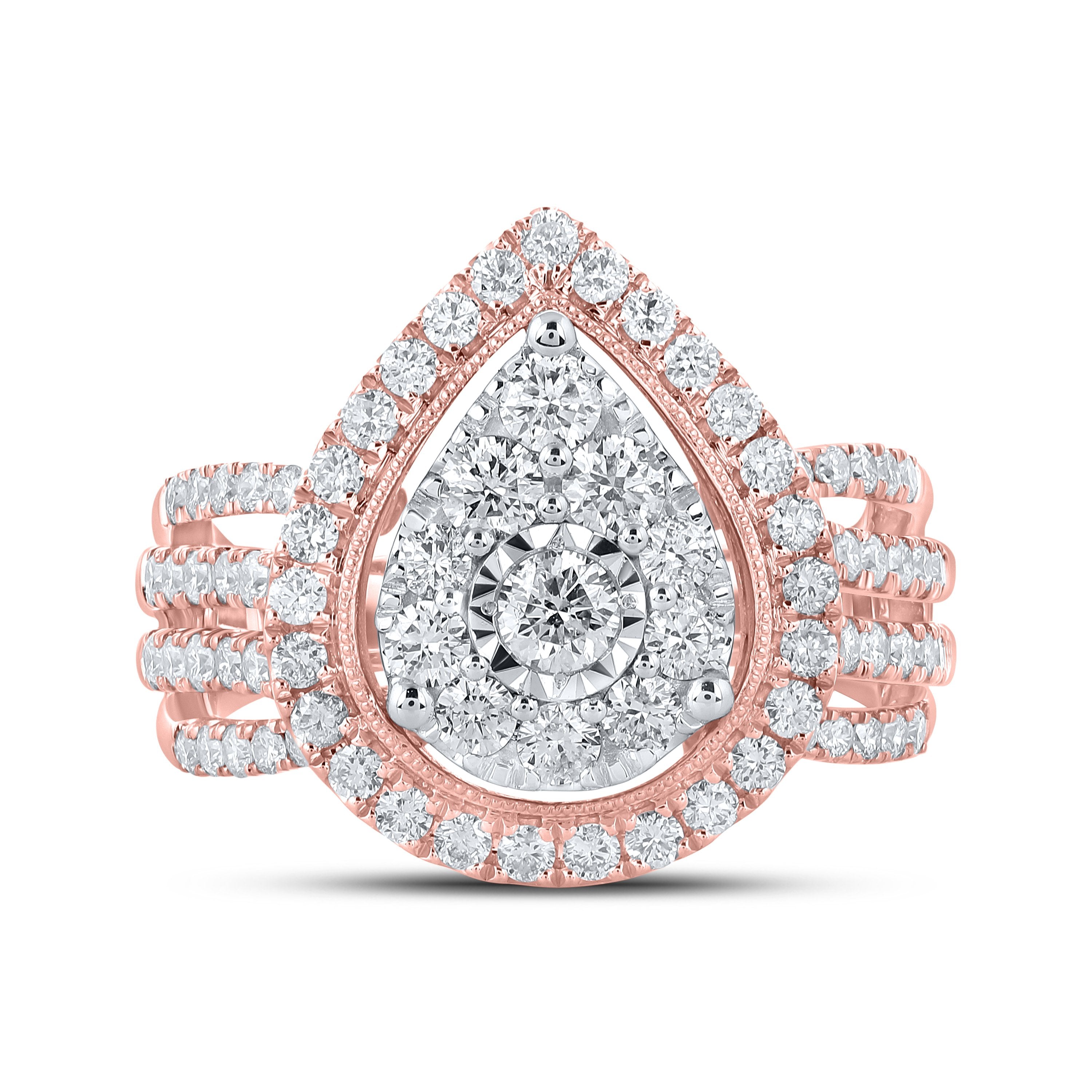 14kt Rose Gold Womens Round Diamond Teardrop Pear Cluster Ring 1-1/2 Cttw