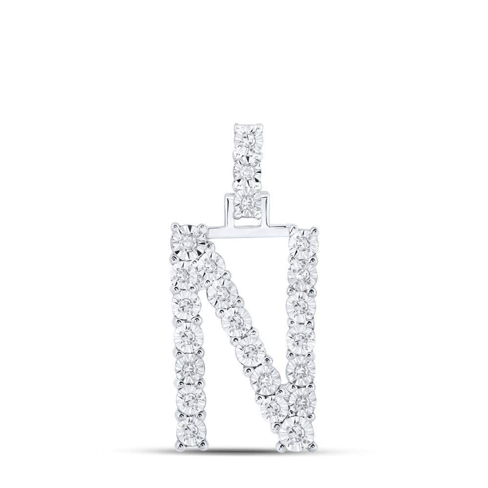 10kt White Gold Womens Round Diamond N Initial Letter Pendant 1/8 Cttw