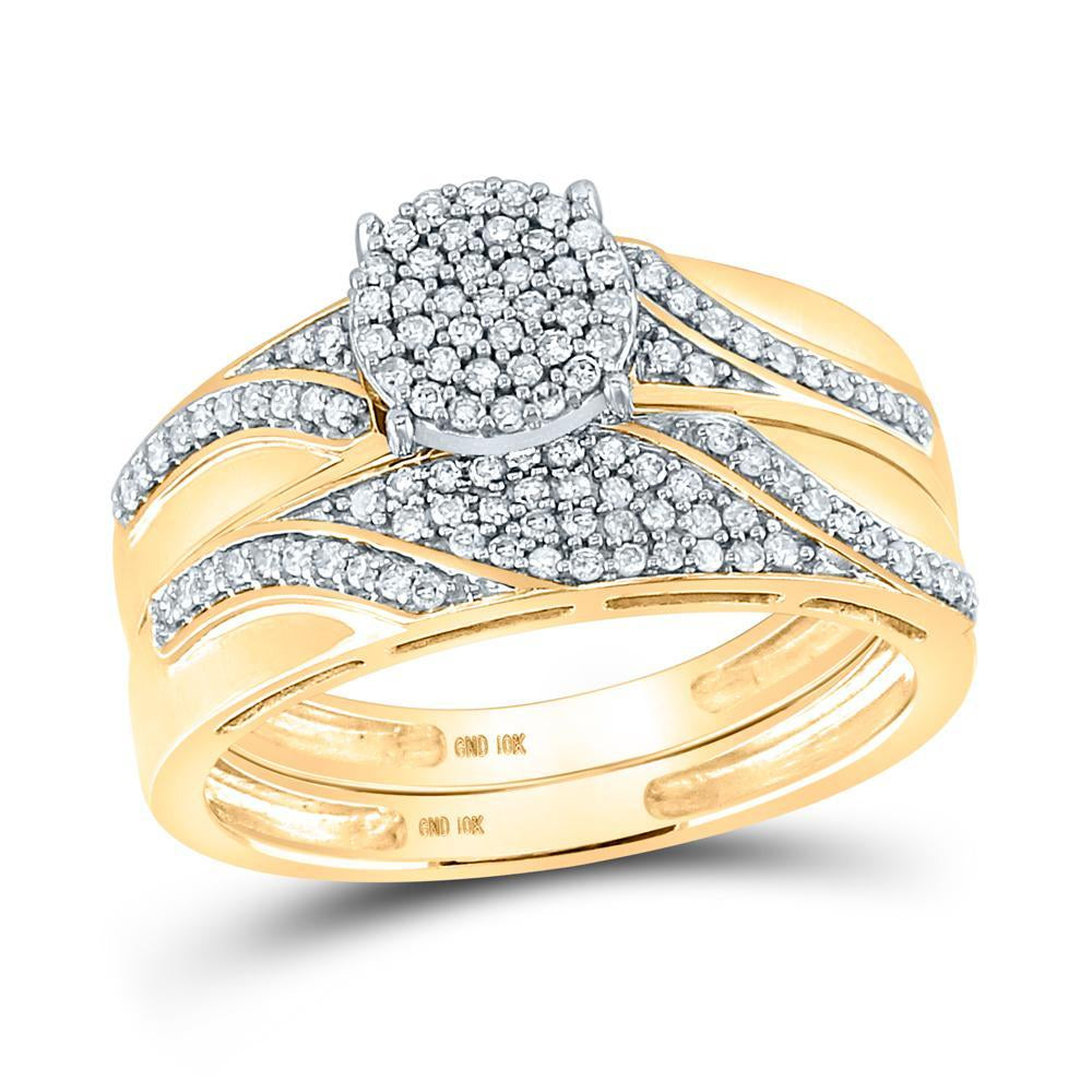 10kt Yellow Gold His Hers Round Diamond Cluster Matching Wedding Set 1/2 Cttw