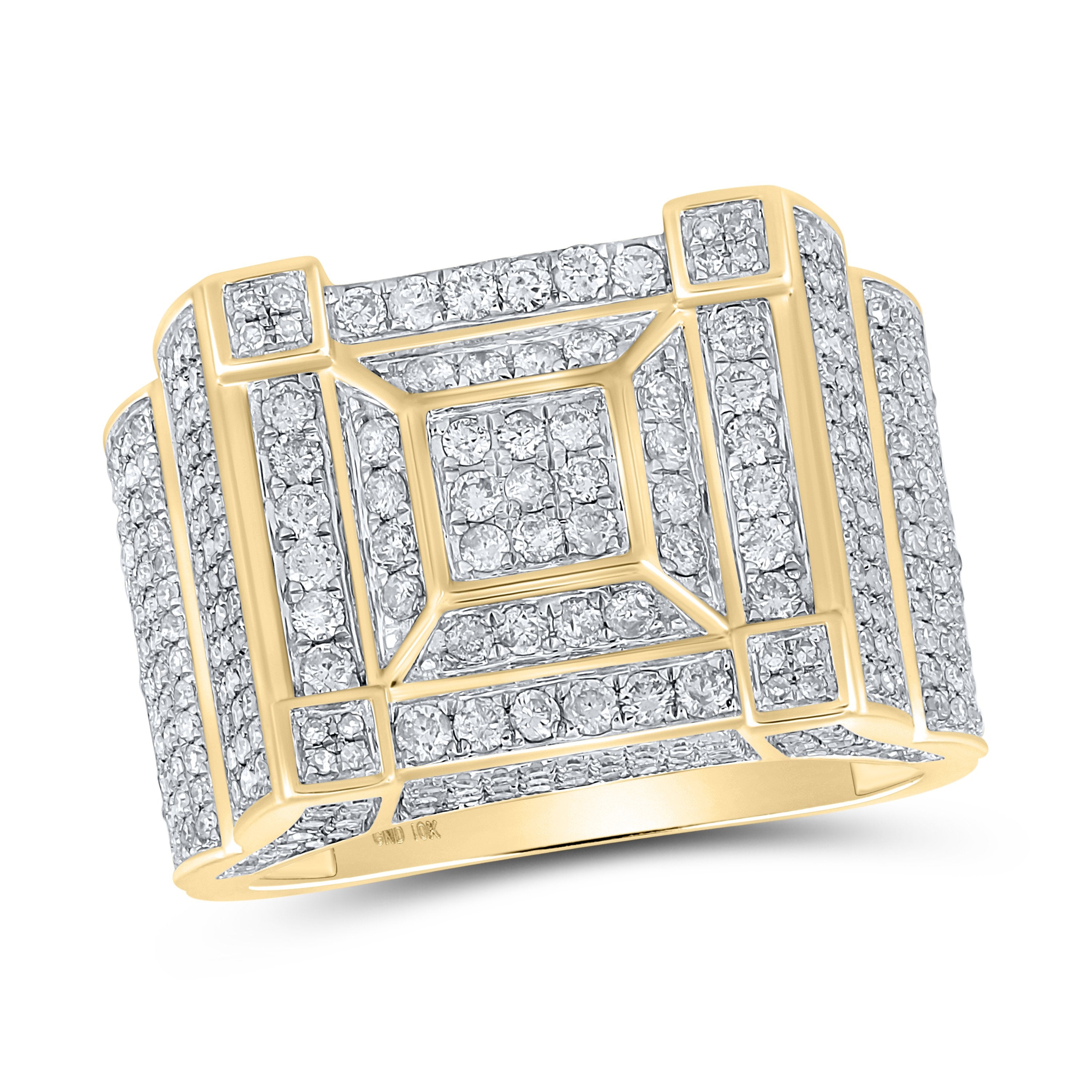 10kt Yellow Gold Mens Round Diamond Square Ring 1-7/8 Cttw