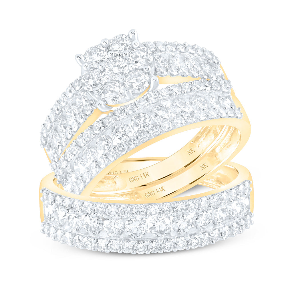 14kt Yellow Gold His Hers Round Diamond Cluster Matching Wedding Set 2-7/8 Cttw