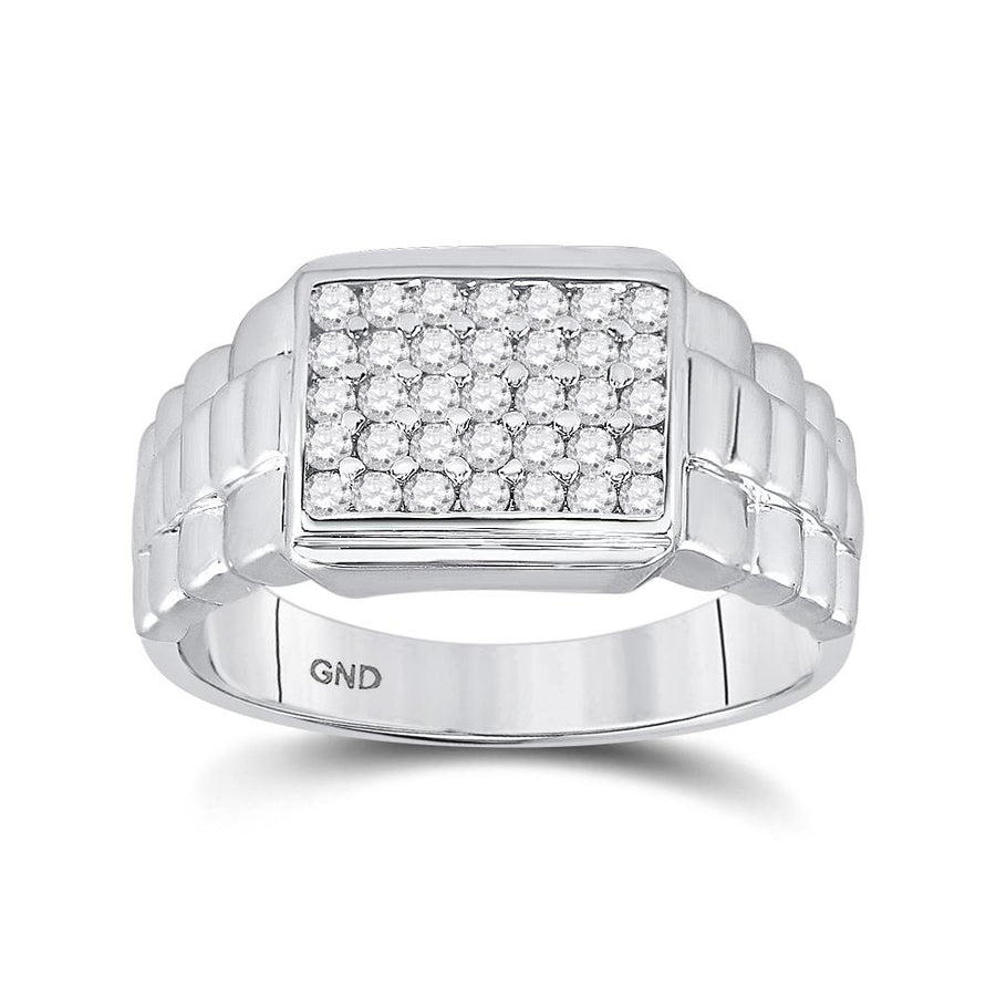 10kt White Gold Mens Round Diamond Rectangle Cluster Ribbed Ring 1/2 Cttw