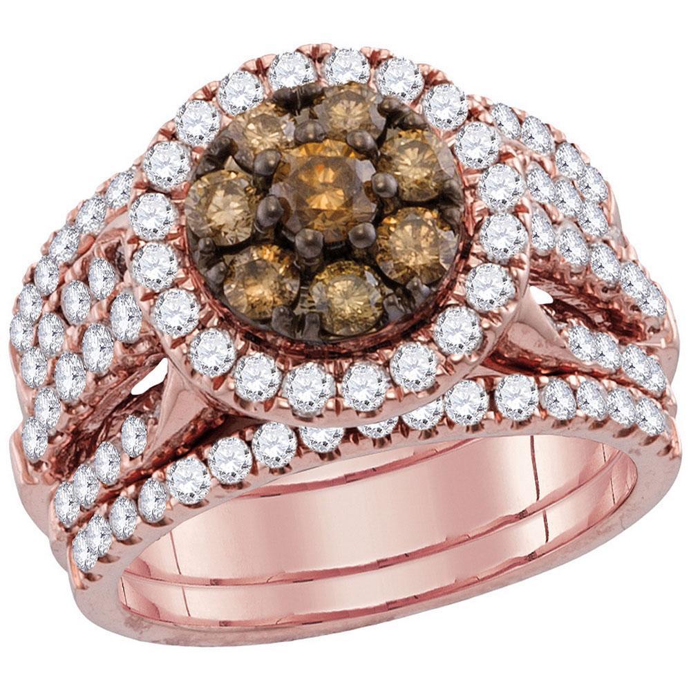 14kt Rose Gold Womens Round Brown Diamond Bridal Wedding Ring Band Set 3 Cttw