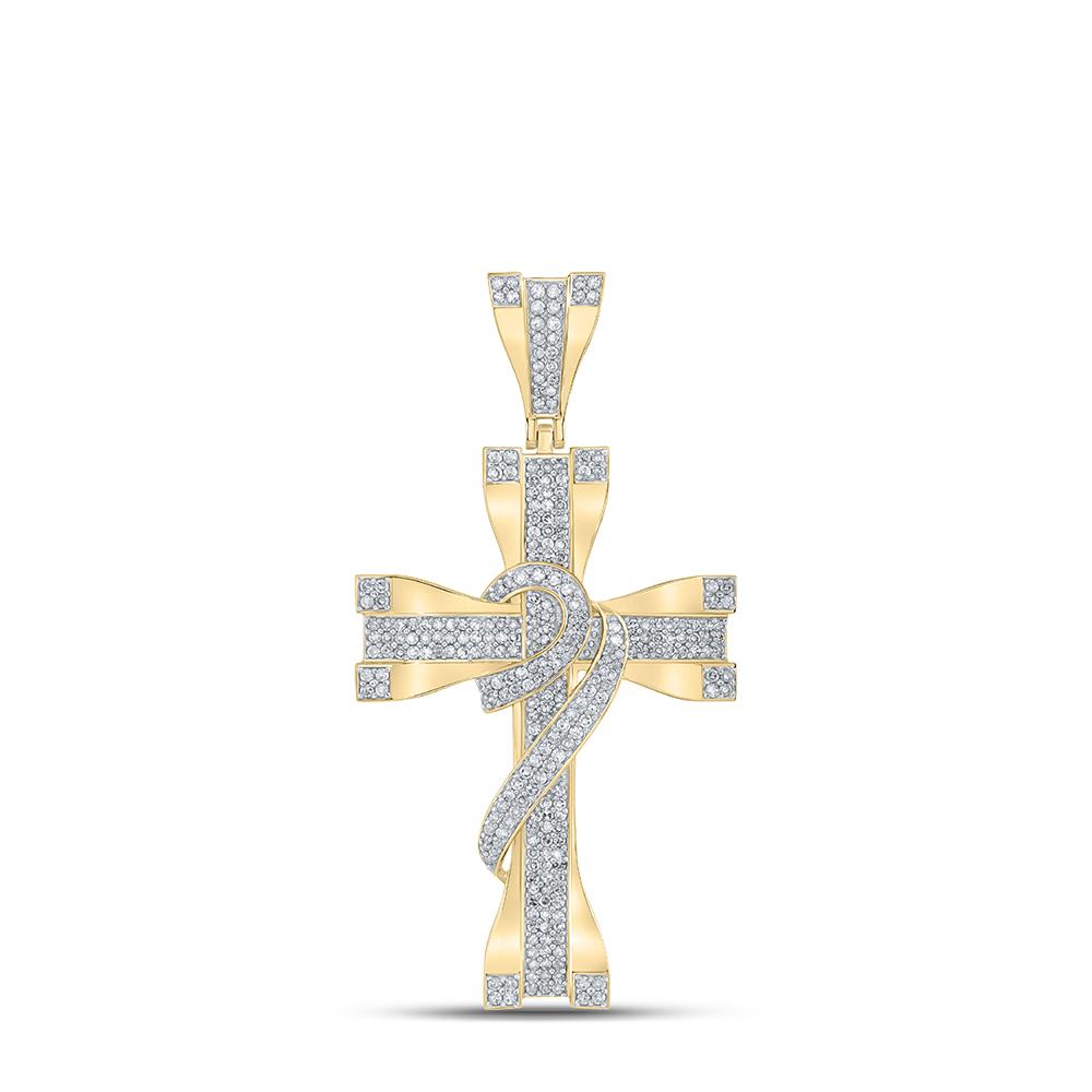 10kt Yellow Gold Mens Round Diamond Cross Charm Pendant 1 Cttw