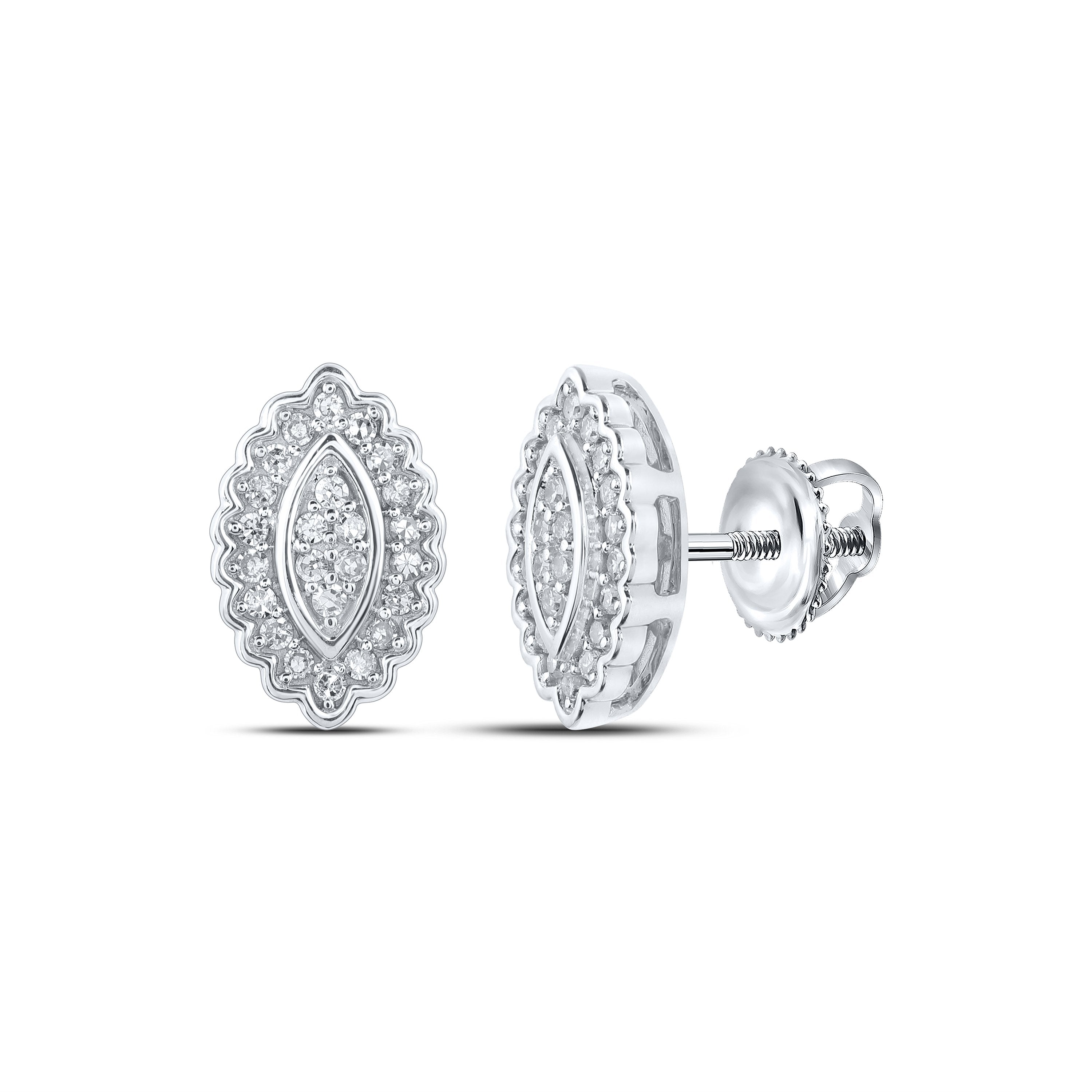 10kt White Gold Womens Round Diamond Oval Cluster Earrings 1/5 Cttw
