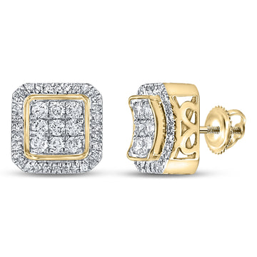 10kt Yellow Gold Mens Round Diamond Square Cluster Earrings 7/8 Cttw