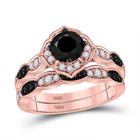 14kt Rose Gold Womens Round Black Color Enhanced Diamond Bridal Wedding Ring Band Set 2 Cttw