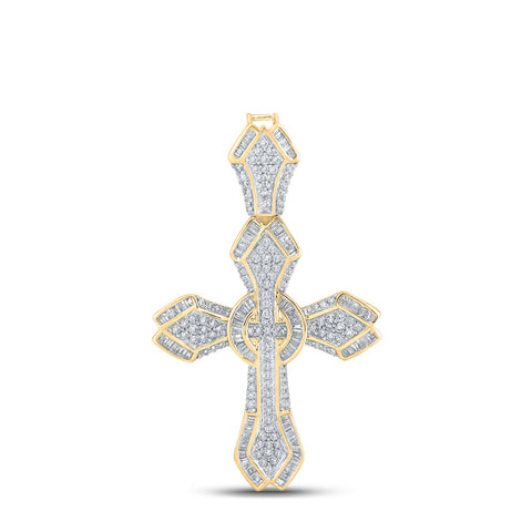 14kt Yellow Gold Mens Baguette Diamond Cross Charm Pendant 1-5/8 Cttw