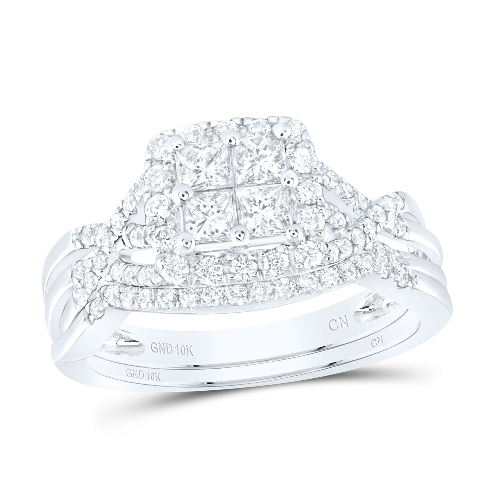 10kt White Gold Princess Diamond Square Bridal Wedding Ring Band Set 1 Cttw