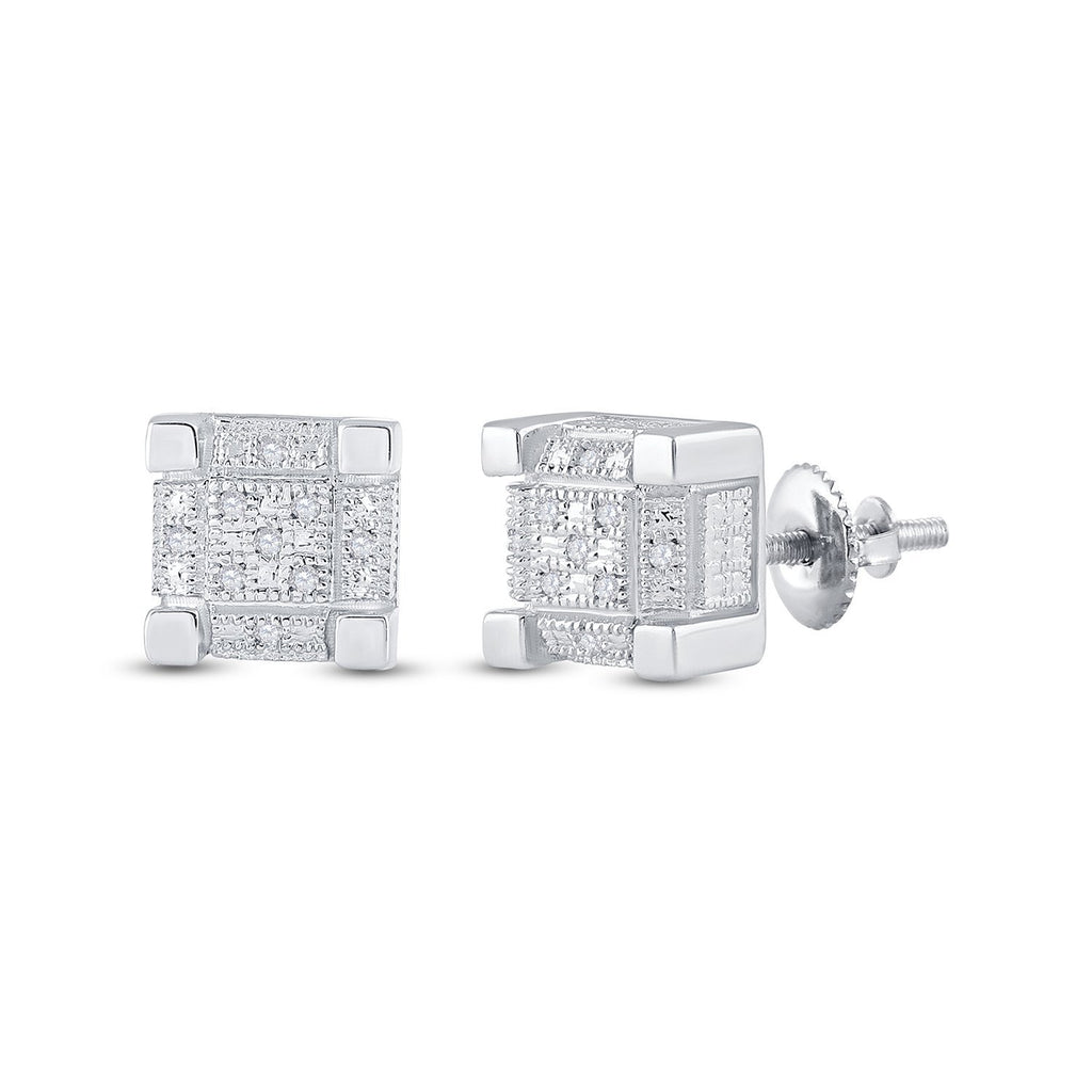 Sterling Silver Round Diamond 3D Cube Square Earrings 1/20 Cttw