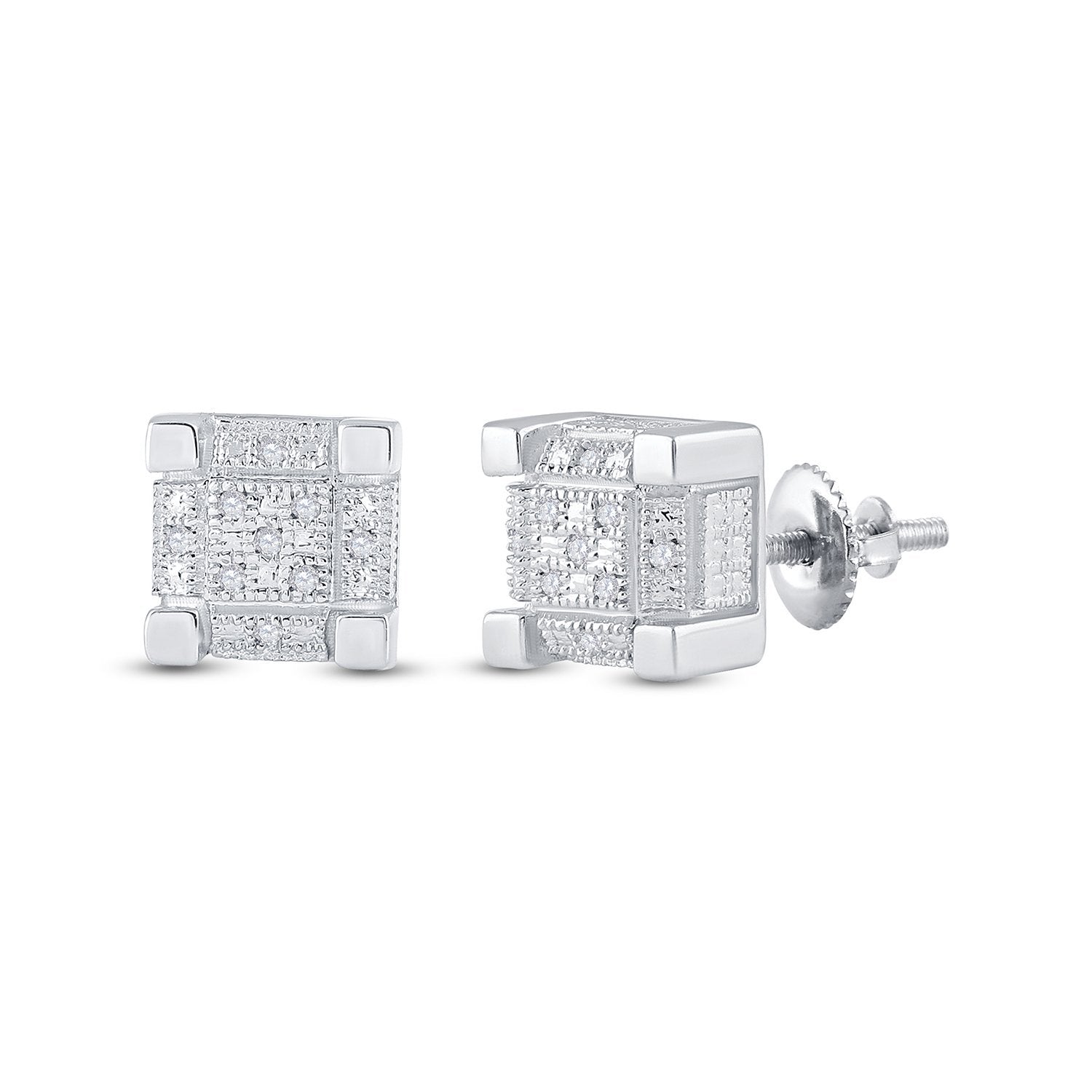 Sterling Silver Round Diamond 3D Cube Square Earrings 1/20 Cttw