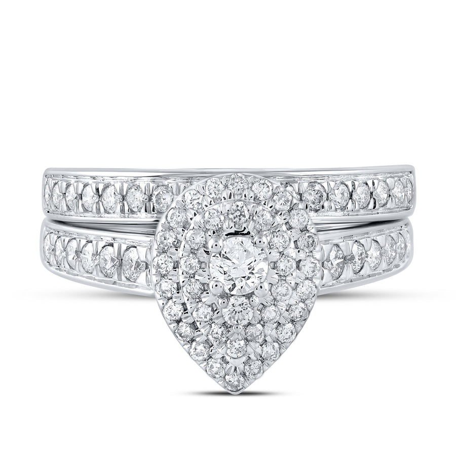 10kt White Gold Round Diamond Halo Bridal Wedding Ring Band Set 3/4 Cttw