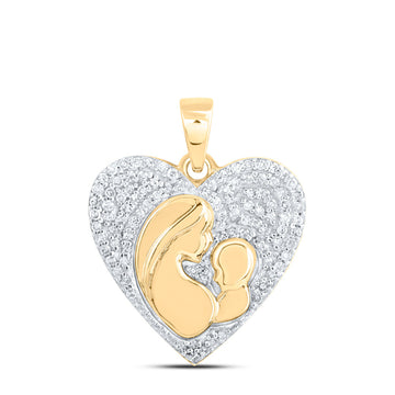 10kt Yellow Gold Womens Round Diamond Mom Child Heart Pendant 1/5 Cttw