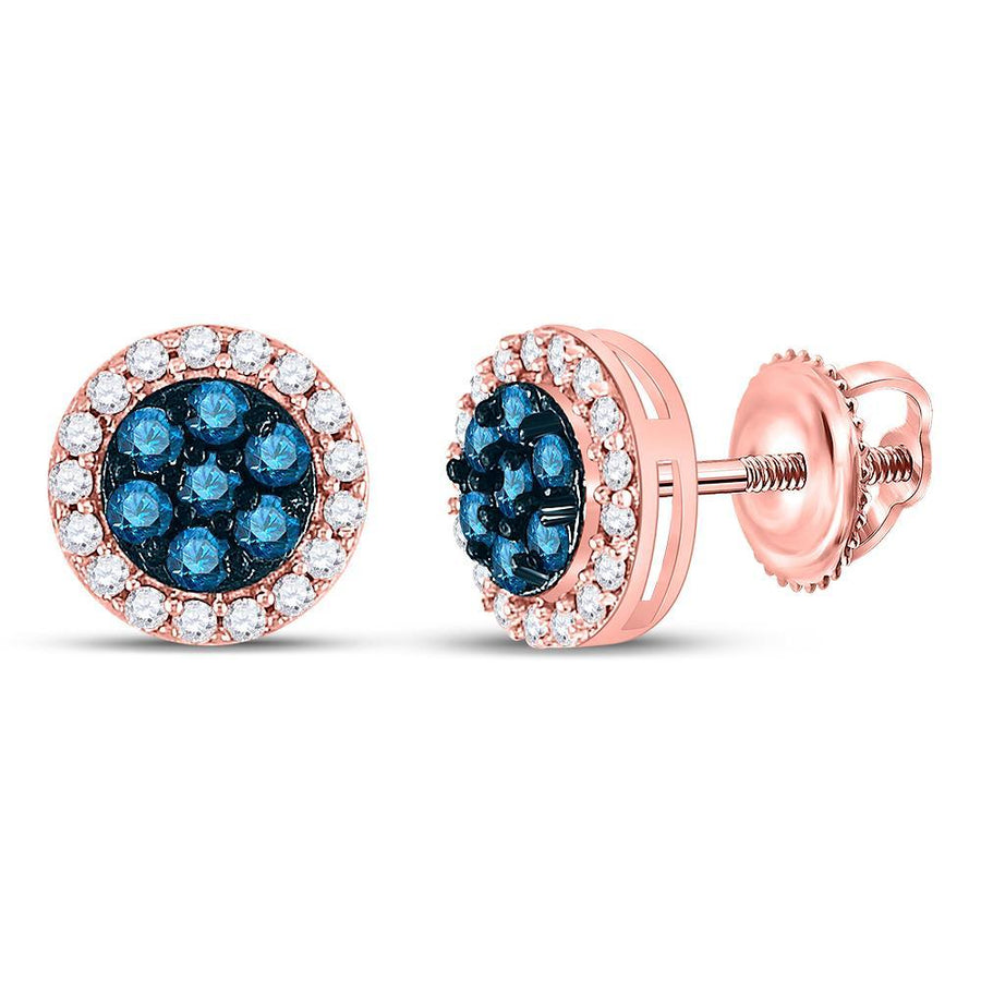 10kt Rose Gold Womens Round Blue Color Enhanced Diamond Flower Cluster Earrings 1/2 Cttw