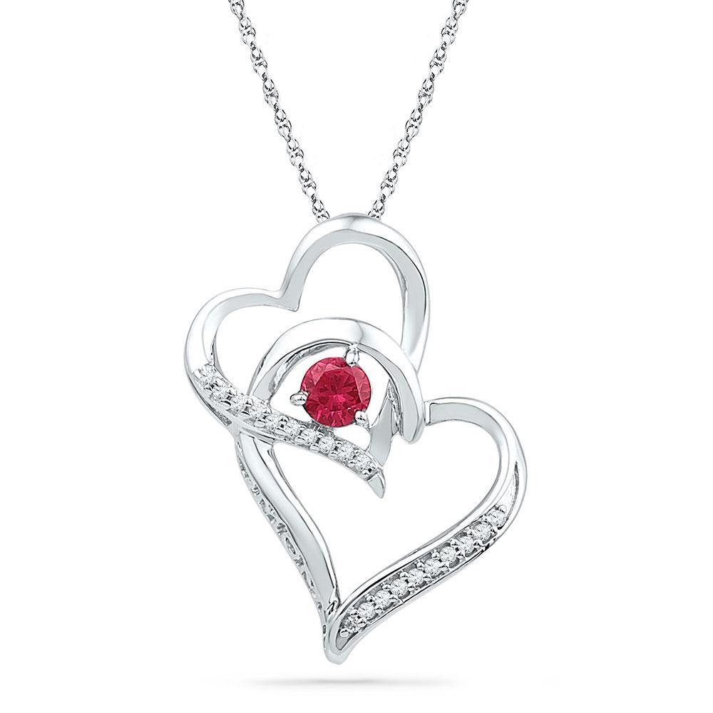 Sterling Silver Womens Round Synthetic Ruby Double Heart Pendant 1/3 Cttw