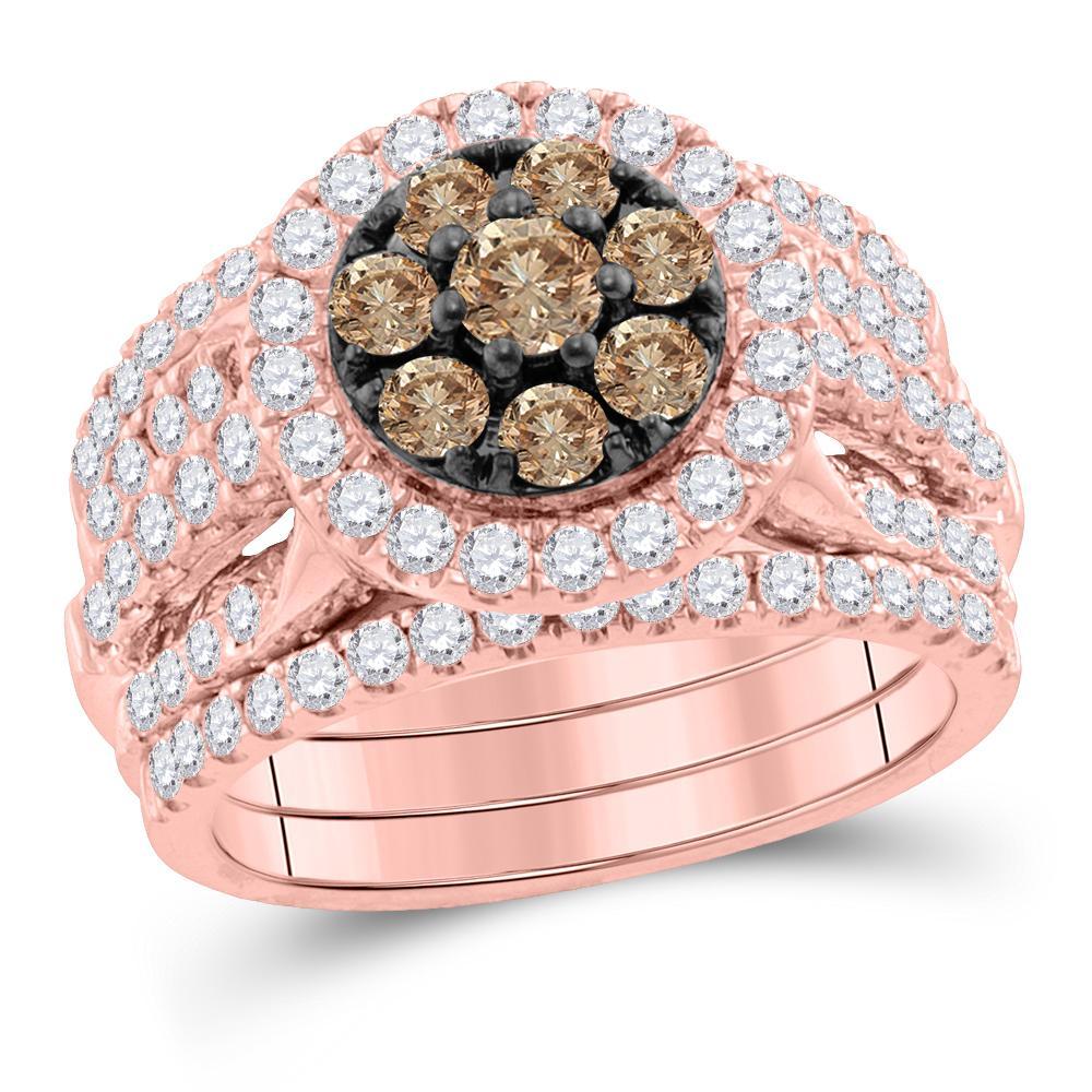 14kt Rose Gold Womens Round Brown Diamond Bridal Wedding Ring Band Set 2 Cttw