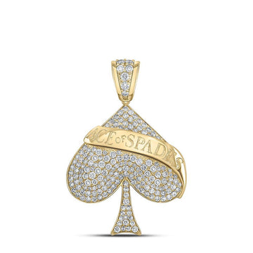 10kt Yellow Gold Mens Round Diamond Ace of Spades Charm Pendant 1-5/8 Cttw