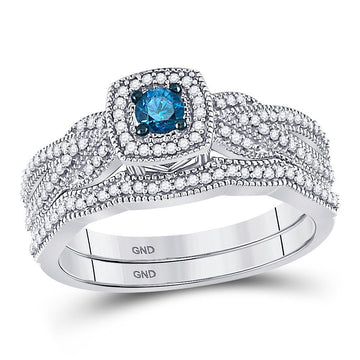 10kt White Gold Womens Round Blue Color Enhanced Diamond Bridal Wedding Ring Set 3/8 Cttw