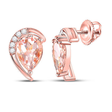 10kt Rose Gold Womens Pear Morganite Diamond Stud Earrings 1-7/8 Cttw