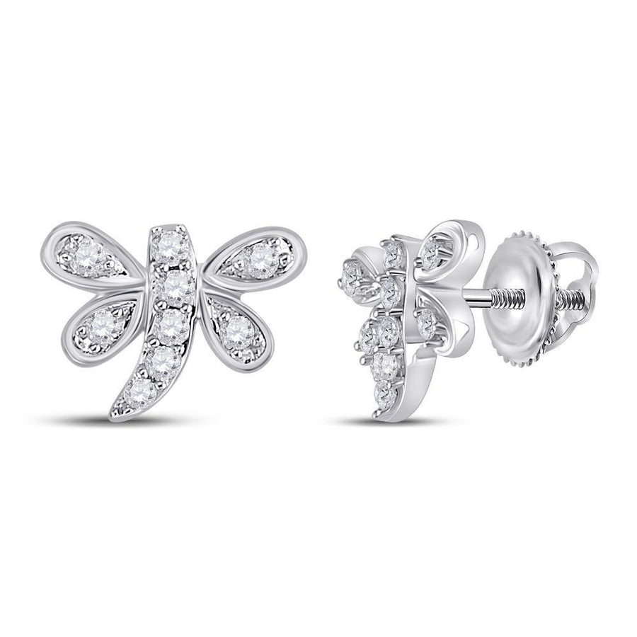 10kt White Gold Womens Round Diamond Butterfly Bug Earrings 1/8 Cttw