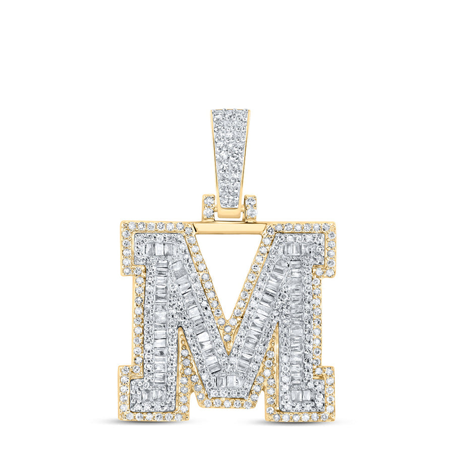 10kt Yellow Gold Mens Baguette Diamond M Initial Letter Charm Pendant 7/8 Cttw
