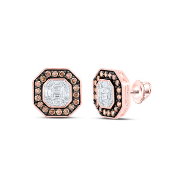 14kt Rose Gold Womens Round Brown Diamond Octagon Earrings 3/4 Cttw