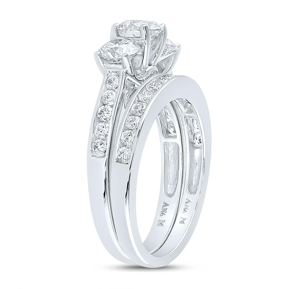 14kt White Gold Round 3-Stone Diamond Bridal Wedding Ring Band Set 2 Cttw