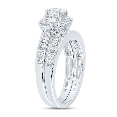 14kt White Gold Round 3-Stone Diamond Bridal Wedding Ring Band Set 2 Cttw