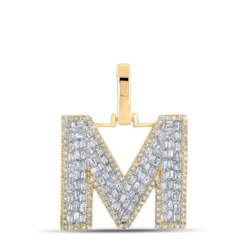 10kt Yellow Gold Mens Baguette Diamond M Initial Letter Charm Pendant 3/4 Cttw
