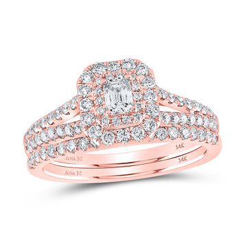 14kt Rose Gold Emerald Diamond Halo Bridal Wedding Ring Band Set 1 Cttw