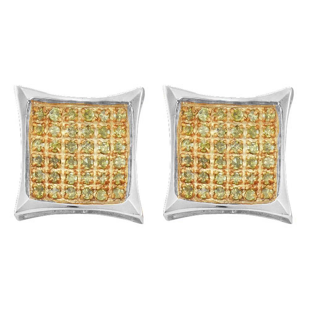10kt White Gold Round Yellow Color Enhanced Diamond Square Earrings 1/10 Cttw